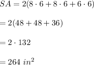 SA=2(8\cdot 6+8\cdot 6+6\cdot 6)\\ \\=2(48+48+36)\\ \\=2\cdot 132\\ \\=264\ in^2
