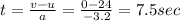 t=\frac{v-u}{a}=\frac{0-24}{-3.2}=7.5sec