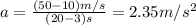 a=\frac{(50-10)m/s}{(20-3)s}=2.35m/s^2