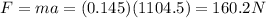 F=ma=(0.145)(1104.5)=160.2 N