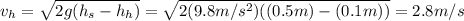 v_h=\sqrt{2g(h_s-h_h)}=\sqrt{2(9.8m/s^2)((0.5m)-(0.1m))}=2.8m/s