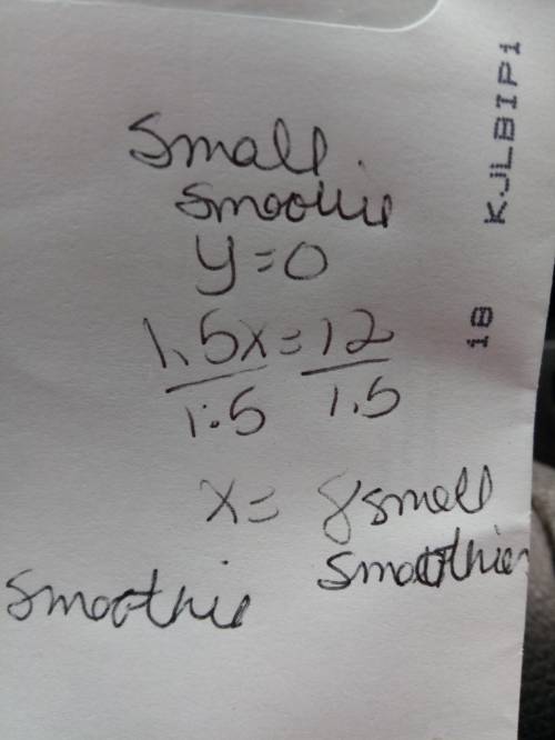 Each small smoothie x cost $1.50, and large y cost $3. find two solutions of 1.5x+3y=12 to determine
