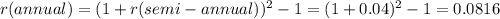 r(annual)=(1+r(semi-annual))^{2} -1=(1+0.04)^{2} -1=0.0816