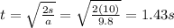 t=\sqrt{\frac{2s}{a}}=\sqrt{\frac{2(10)}{9.8}}=1.43 s