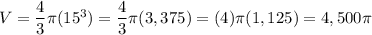 V=\dfrac{4}{3}\pi(15^3)=\dfrac{4}{3}\pi(3,375)=(4)\pi(1,125)=4,500\pi