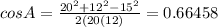 cos A=\frac{20^2+12^2-15^2}{2(20(12)}=0.66458