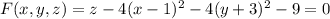 F(x,y,z) = z - 4(x-1)^2 - 4(y+3)^2 - 9 = 0