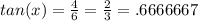 tan(x)= \frac{4}{6} = \frac{2}{3}=.6666667