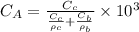 C_A = \frac{C_c}{\frac{C_c}{\rho_c} + \frac{C_b}{\rho_b}} \times 10^3
