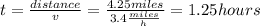 t=\frac{distance}{v}=\frac{4.25 miles}{3.4 \frac{miles}{h} }=1.25 hours