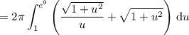 =\displaystyle2\pi\int_1^{e^9}\left(\frac{\sqrt{1+u^2}}u+\sqrt{1+u^2}\right)\,\mathrm du