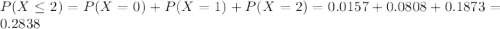 P(X \leq 2) = P(X = 0) + P(X = 1) + P(X = 2) = 0.0157 + 0.0808 + 0.1873 = 0.2838