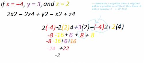Evaluate the following expression using the values given. find 2x2 − 2z4 + y2 − x2 + z4 if x = −4, y