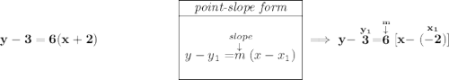 \bf y-3=6(x+2)~\hfill \begin{array}{|c|ll} \cline{1-1} \textit{point-slope form}\\ \cline{1-1} \\ \stackrel{slope}{y-y_1=\stackrel{\downarrow }{m}(x-x_1)} \\\\ \cline{1-1} \end{array}\implies y-\stackrel{y_1}{3}=\stackrel{\stackrel{m}{\downarrow }}{6}[x-\stackrel{x_1}{(-2)}]