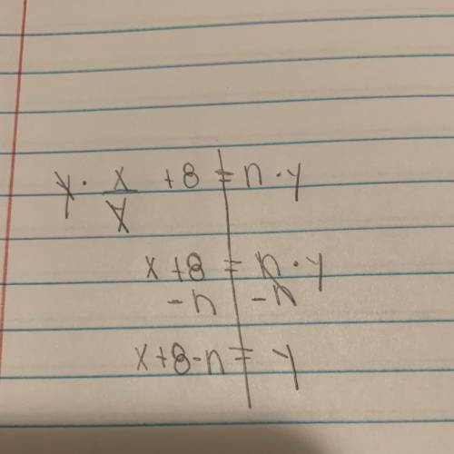 Solve for y x/y +8=n show work  i will give you brainliest