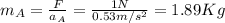 m_A=\frac{F}{a_A}=\frac{1N}{0.53m/s^2}=1.89Kg
