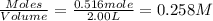 \frac{Moles}{Volume}=\frac{0.516mole}{2.00L}=0.258M
