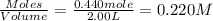 \frac{Moles}{Volume}=\frac{0.440mole}{2.00L}=0.220M