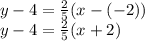 y-4 = \frac {2} {5} (x - (- 2))\\y-4 = \frac {2} {5} (x + 2)