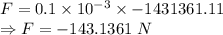 F=0.1\times 10^{-3}\times -1431361.11\\\Rightarrow F=-143.1361\ N