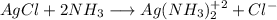 AgCl + 2 NH_3 \longrightarrow Ag(NH_3)_2^{+2} + Cl^-