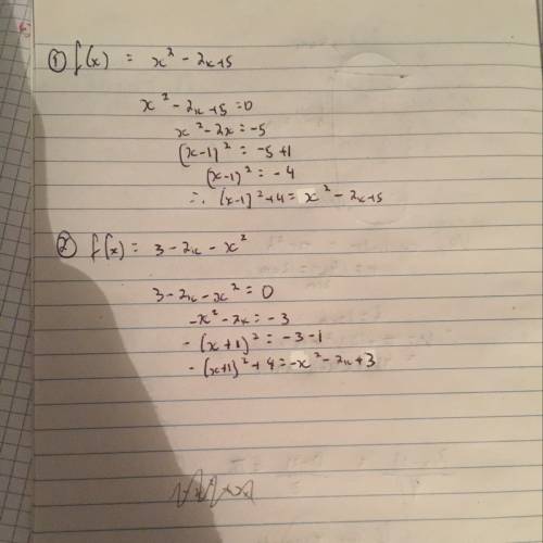 Complete the square of each of the quadratic functions:  (1) f(x) = x^2 - 2x + 5 (2) f(x) = 3 - 2x -