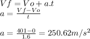 Vf=Vo+a.t\\a=\frac{Vf-Vo}{t} \\\\a=\frac{401-0}{1.6} =250.62m/s^2