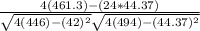 \frac{4(461.3)-(24*44.37)}{\sqrt{4(446)-(42)^2}\sqrt{4(494)-(44.37)^2}  }