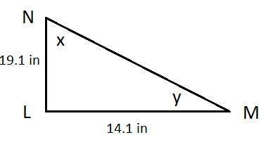 Triangle l m n is shown. angle n l m is a right angle. the length of n l is 19.1 inches and the leng