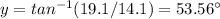 y=tan^{-1}(19.1/14.1)=53.56\°