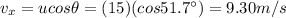 v_x = u cos \theta = (15)(cos 51.7^{\circ})=9.30 m/s