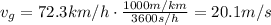 v_g =72.3 km/h \cdot \frac{1000 m/km}{3600 s/h}=20.1 m/s