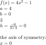 f(x)=4x^2-1 \\&#10;a=4 \\ b=0 \\ \Downarrow \\&#10;h=\frac{-0}{2 \times 4}=0 \\ \\&#10;\hbox{the axis of symmetry:} \\&#10;x=0