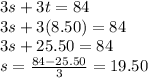 3s+3t=84\\3s+3(8.50)=84\\3s+25.50=84\\s=\frac{84-25.50}{3} = 19.50