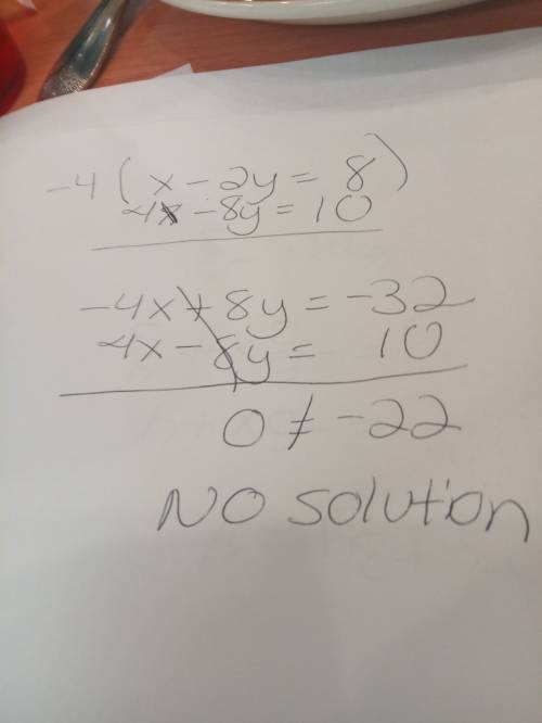 What is the solution to the system of equations?  x-2y-8  4x-8y=10