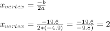 x_{vertex}=\frac{-b}{2a}\\\\x_{vertex}=\frac{-19.6}{2*(-4.9)}=\frac{-19.6}{-9.8)}=2\\