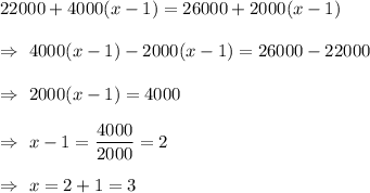 22000+4000(x-1)=26000+2000(x-1)\\\\\Rightarrow\ 4000(x-1)-2000(x-1)=26000-22000\\\\\Rightarrow\ 2000(x-1)=4000\\\\\Rightarrow\ x-1=\dfrac{4000}{2000}=2\\\\\Rightarrow\ x=2+1=3