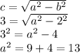 c=\sqrt{a^2-b^2} \\3=\sqrt{a^2-2^2}\\3^2=a^2-4\\a^2=9+4=13