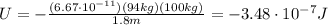 U=-\frac{(6.67\cdot 10^{-11})(94 kg)(100 kg)}{1.8 m}=-3.48\cdot 10^{-7} J
