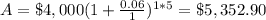 A=\$4,000(1+\frac{0.06}{1})^{1*5}=\$5,352.90