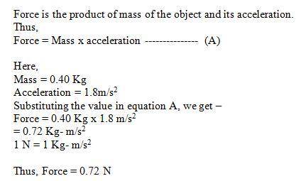 If a .40kg football is thrown with an acceleration of 1.8m/s^2, what is the force used to throw the