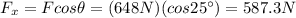 F_x = F cos \theta = (648 N)(cos 25^{\circ})=587.3 N