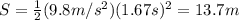 S=\frac{1}{2}(9.8 m/s^2)(1.67 s)^2=13.7 m