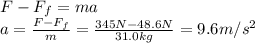 F-F_f=ma\\a=\frac{F-F_f}{m}=\frac{345 N-48.6 N}{31.0 kg}=9.6 m/s^2