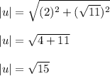 | u | = \sqrt{(2) ^ 2 + (\sqrt{11})^2}\\\\| u | = \sqrt{4+11}\\\\| u | = \sqrt{15}