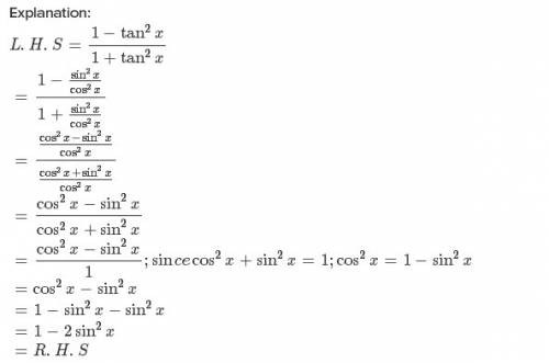Prove:  1-tan^2 x/ 1+tan^2 x= 1-sin^2 x