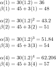 \alpha (1)=30(1.2)=36\\\beta (1)=45 + 3(1) = 48\\\\\alpha (2)=30(1.2)^2=43.2\\\beta(2)=45+3(2)=51\\\\\alpha (3) = 30(1.2)^3=51.84\\\beta (3)=45+3(3)=54\\\\\alpha (4)=30(1.2)^4=62.206\\\beta (4)=45+3(4)=57