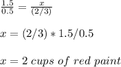 \frac{1.5}{0.5}=\frac{x}{(2/3)}\\\\x=(2/3)*1.5/0.5\\\\x=2\ cups\ of\ red\ paint