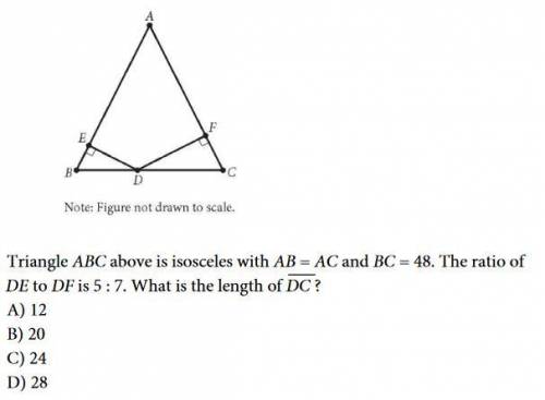 Triangle abc above is isosceles with an=ac and bc=48. the ratio of de to de is 5: 7 . what is the le
