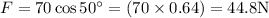 F=70 \cos 50^{\circ}=(70 \times 0.64)=44.8 \mathrm{N}